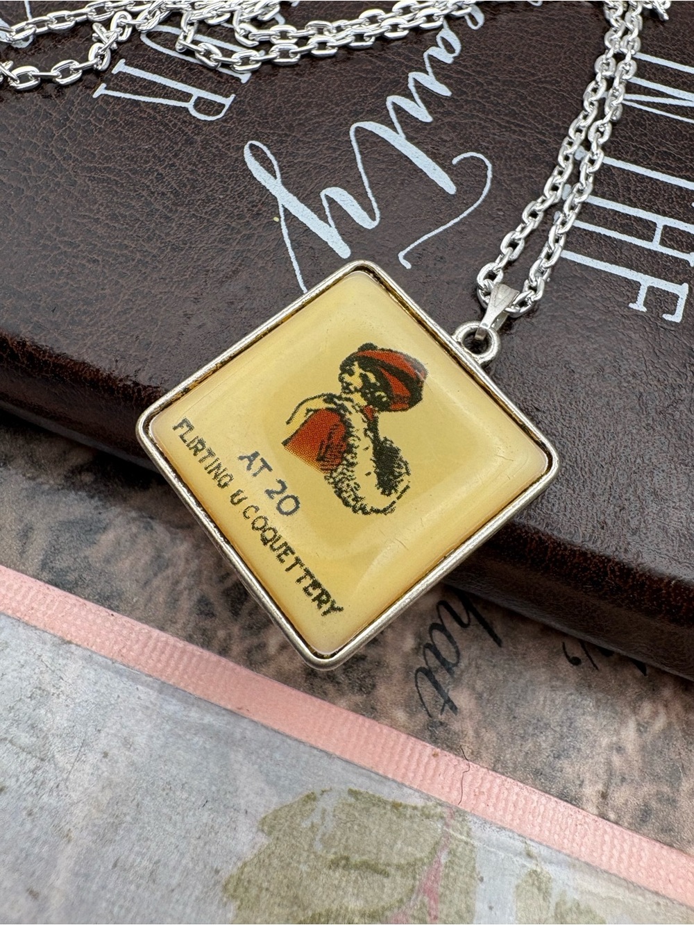 Vintage “At 20 Flirting & Coquettery” Pendant Necklace Silver Tone Chain